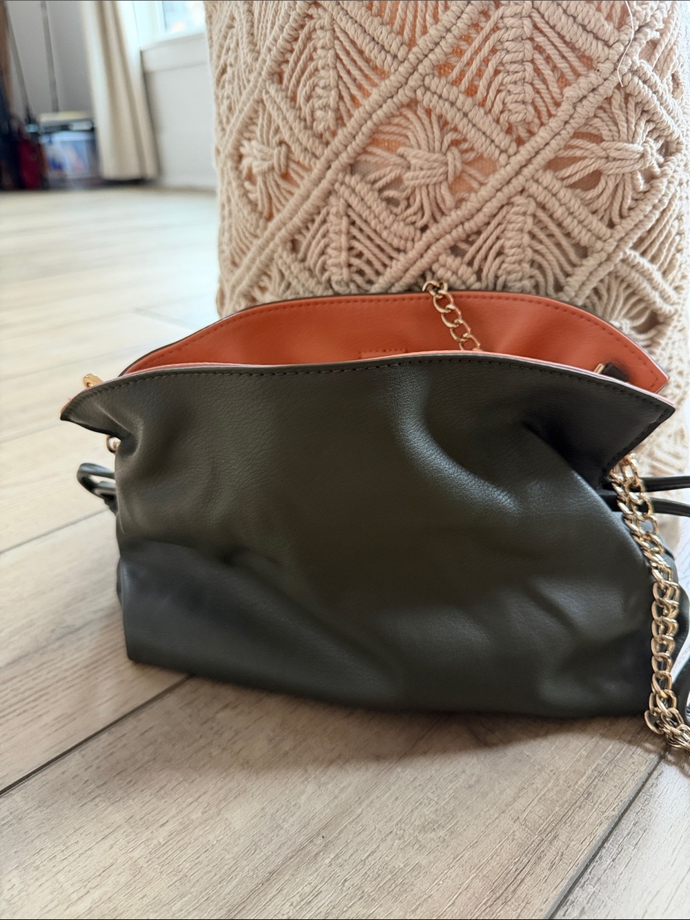 Target Olive Green Shoulder Bag with Orange Interior and Gold Chain